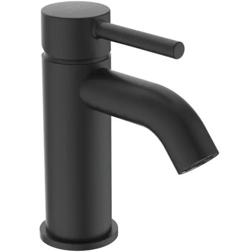 Schwarze Waschtischarmatur von Ideal Standard mit einem runden, hohem Auslauf und einem Hebel zur Steuerung der Wasserzufuhr. Die Armatur hat eine m.Push-open-Funktion.